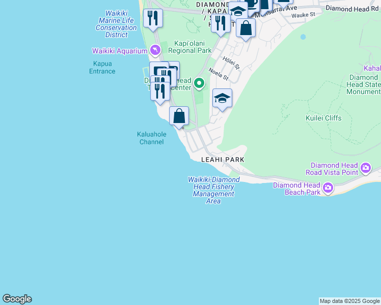 map of restaurants, bars, coffee shops, grocery stores, and more near 2801C Coconut Avenue in Honolulu