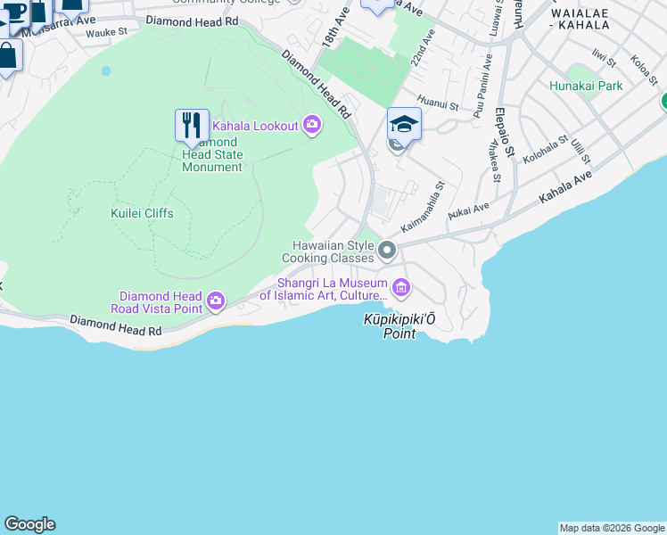 map of restaurants, bars, coffee shops, grocery stores, and more near 255 Kaalawai Place in Honolulu