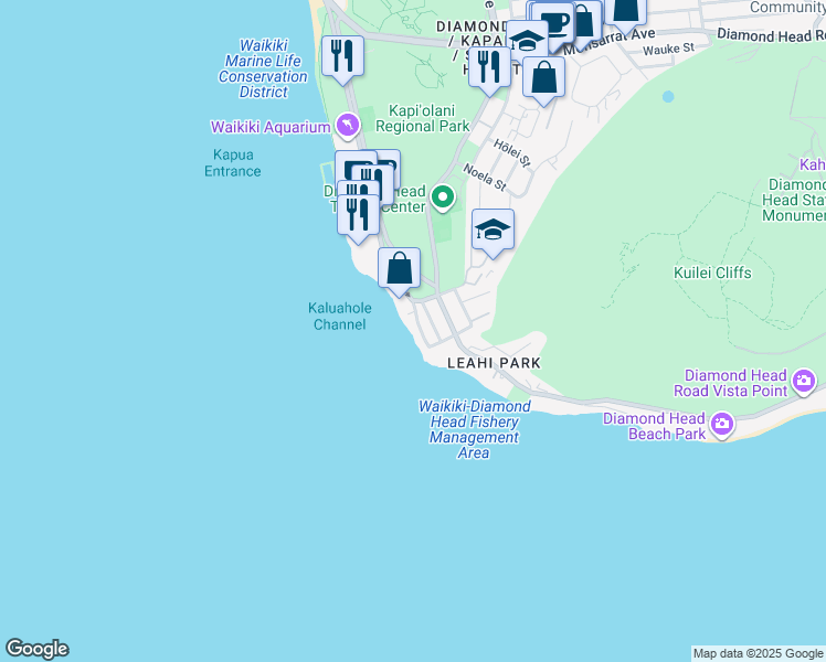 map of restaurants, bars, coffee shops, grocery stores, and more near 3033 Kalakaua Avenue in Honolulu