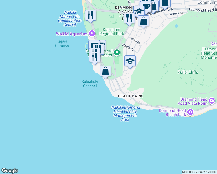 map of restaurants, bars, coffee shops, grocery stores, and more near 3033 Kalakaua Avenue in Honolulu