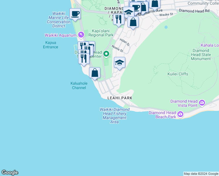 map of restaurants, bars, coffee shops, grocery stores, and more near 3019 Diamond Head Road in Honolulu