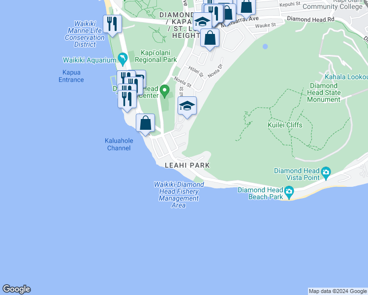map of restaurants, bars, coffee shops, grocery stores, and more near 2940 Hibiscus Place in Honolulu