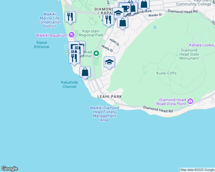map of restaurants, bars, coffee shops, grocery stores, and more near 2940 Hibiscus Place in Honolulu