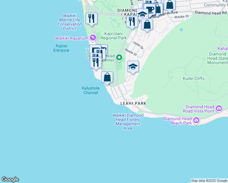 map of restaurants, bars, coffee shops, grocery stores, and more near 3019 Diamond Head Road in Honolulu