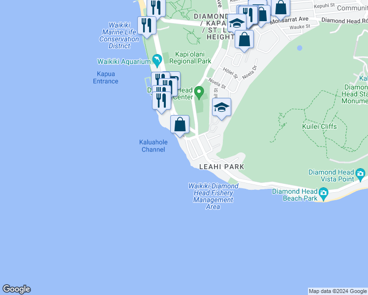 map of restaurants, bars, coffee shops, grocery stores, and more near 3003 Kalakaua Avenue in Honolulu