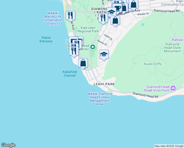 map of restaurants, bars, coffee shops, grocery stores, and more near 3019 Diamond Head Road in Honolulu