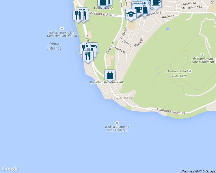 map of restaurants, bars, coffee shops, grocery stores, and more near 3019 Diamond Head Road in Honolulu