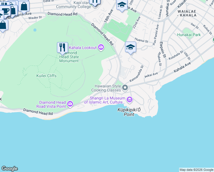 map of restaurants, bars, coffee shops, grocery stores, and more near 3841 Poka Street in Honolulu