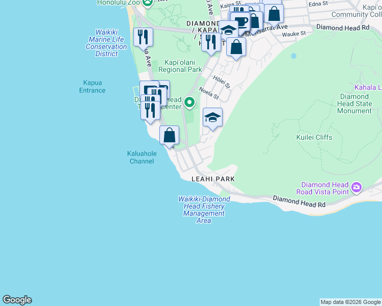 map of restaurants, bars, coffee shops, grocery stores, and more near 3019 Diamond Head Road in Honolulu