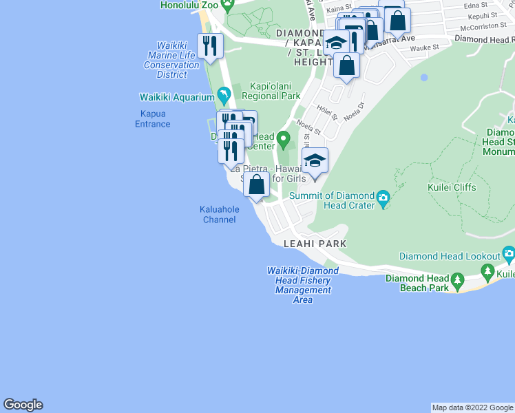 map of restaurants, bars, coffee shops, grocery stores, and more near 3003 Kalakaua Avenue in Honolulu