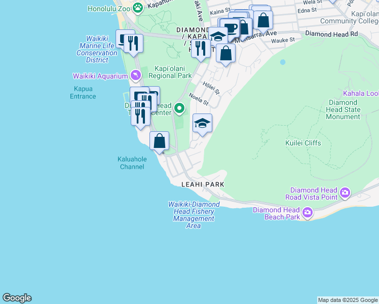 map of restaurants, bars, coffee shops, grocery stores, and more near 2933 Poni Moi Road in Honolulu