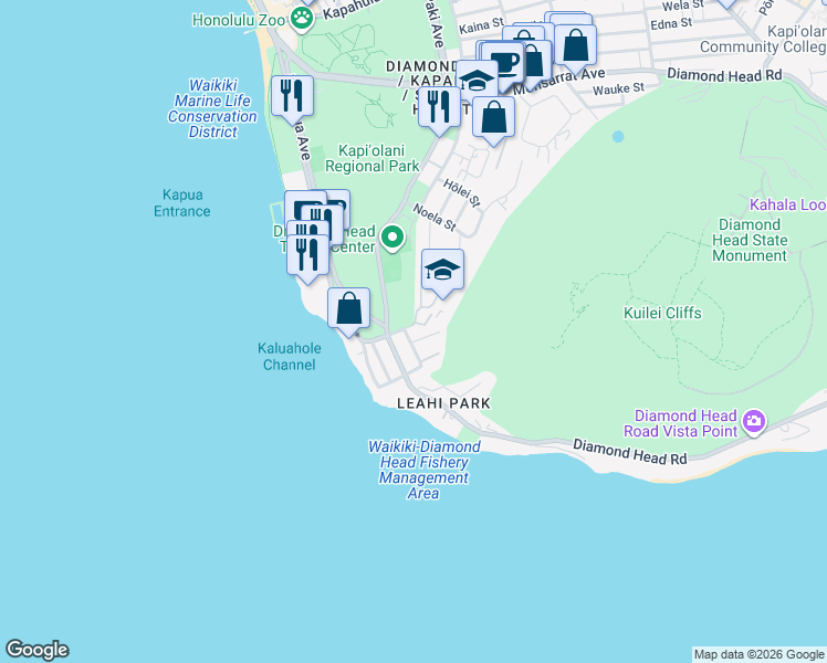 map of restaurants, bars, coffee shops, grocery stores, and more near 2933 Poni Moi Road in Honolulu