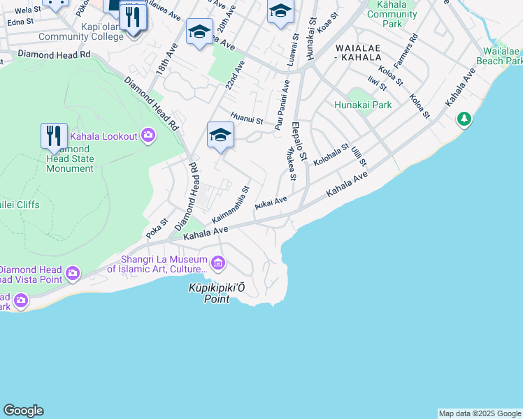 map of restaurants, bars, coffee shops, grocery stores, and more near 4343 Aukai Avenue in Honolulu