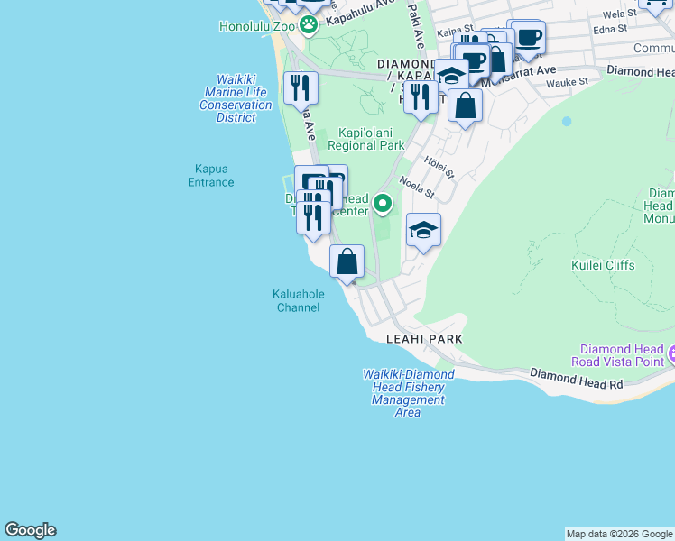 map of restaurants, bars, coffee shops, grocery stores, and more near 2957 Kalakaua Avenue in Honolulu