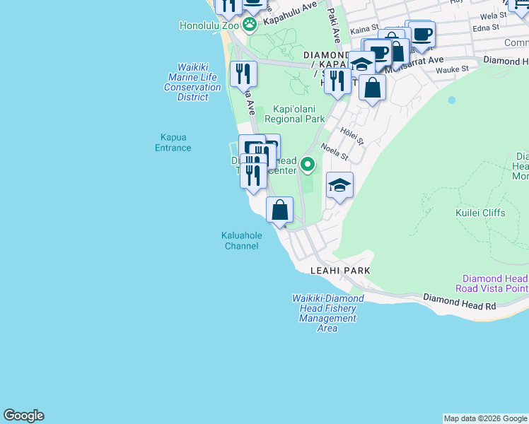 map of restaurants, bars, coffee shops, grocery stores, and more near 2937 Kalakaua Avenue in Honolulu