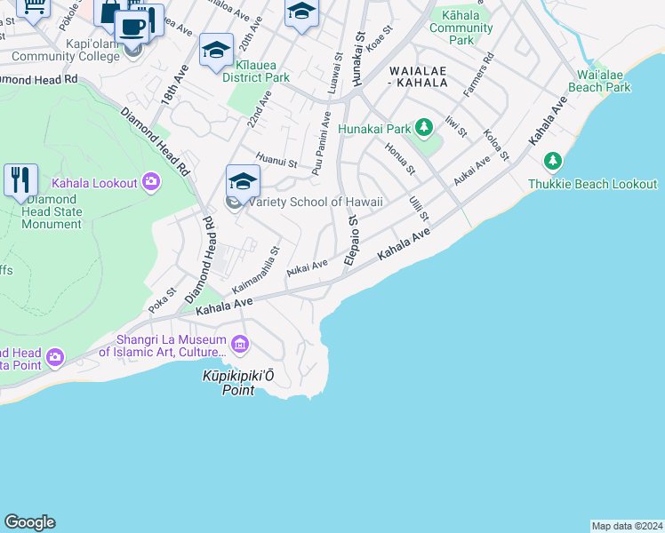 map of restaurants, bars, coffee shops, grocery stores, and more near 4395 Aukai Avenue in Honolulu