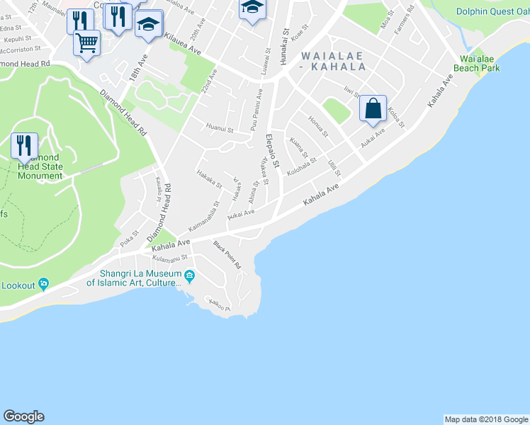 map of restaurants, bars, coffee shops, grocery stores, and more near 4381 Aukai Avenue in Honolulu