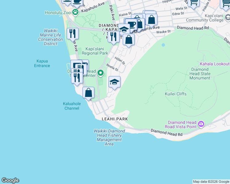 map of restaurants, bars, coffee shops, grocery stores, and more near 2933 Poni Moi Road in Honolulu