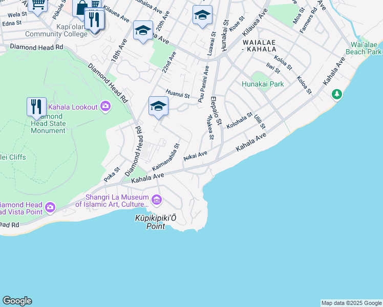 map of restaurants, bars, coffee shops, grocery stores, and more near 4343 Aukai Avenue in Honolulu