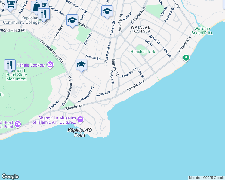 map of restaurants, bars, coffee shops, grocery stores, and more near 337 Ahakea Street in Honolulu