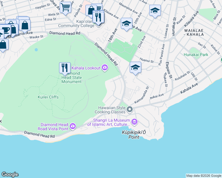 map of restaurants, bars, coffee shops, grocery stores, and more near 652 Paikau Street in Honolulu