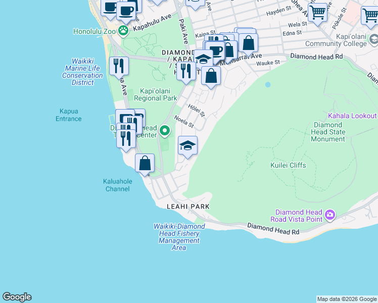 map of restaurants, bars, coffee shops, grocery stores, and more near 3071 La Pietra Circle in Honolulu