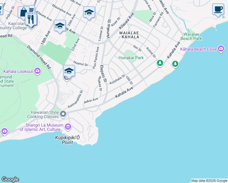 map of restaurants, bars, coffee shops, grocery stores, and more near 4489 Aukai Avenue in Honolulu