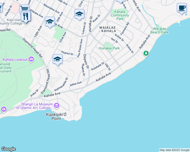 map of restaurants, bars, coffee shops, grocery stores, and more near 4489 Aukai Avenue in Honolulu