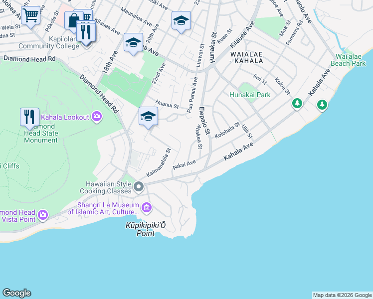 map of restaurants, bars, coffee shops, grocery stores, and more near 545 Ahina Street in Honolulu