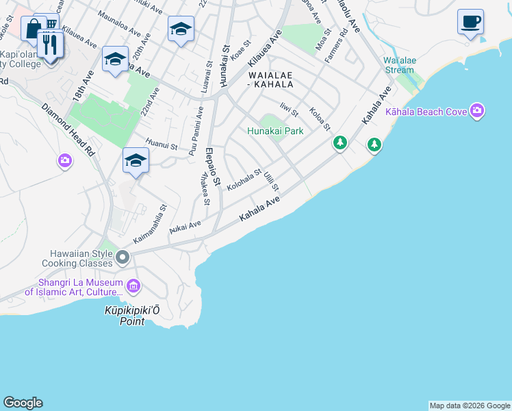 map of restaurants, bars, coffee shops, grocery stores, and more near 4489 Aukai Avenue in Honolulu