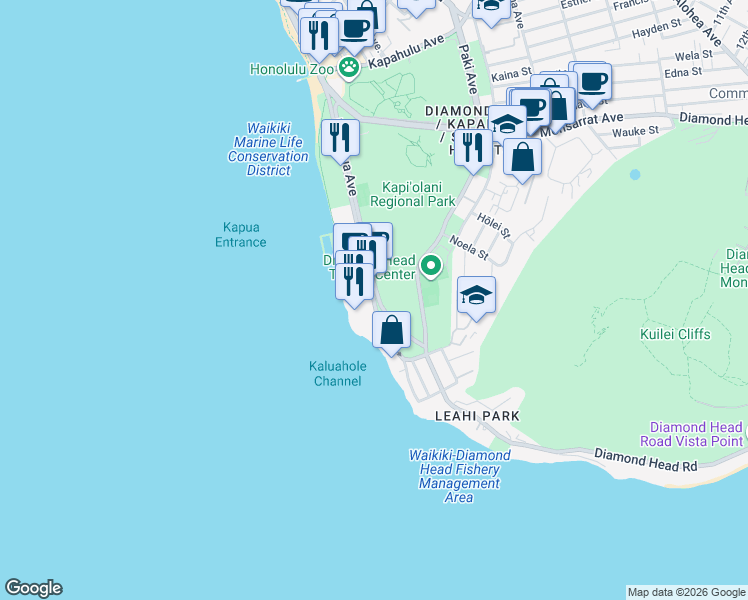 map of restaurants, bars, coffee shops, grocery stores, and more near in Honolulu