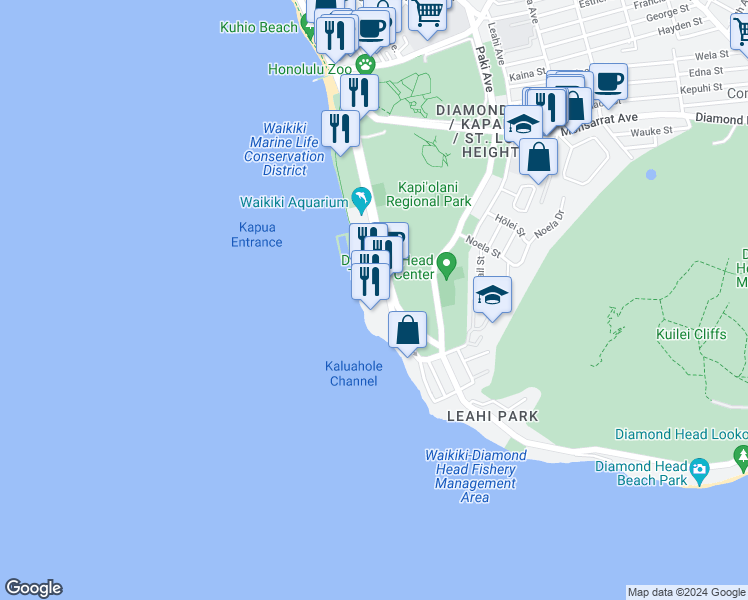 map of restaurants, bars, coffee shops, grocery stores, and more near 2895 Kalakaua Avenue in Honolulu