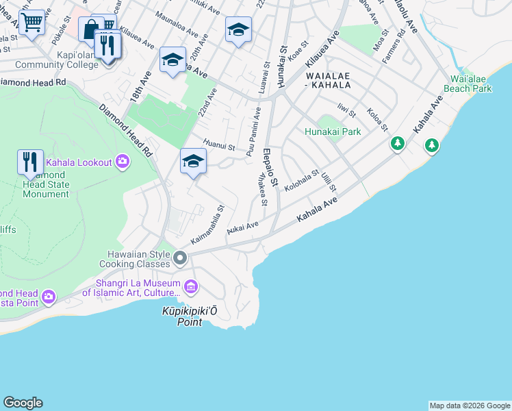 map of restaurants, bars, coffee shops, grocery stores, and more near 545 Ahina Street in Honolulu