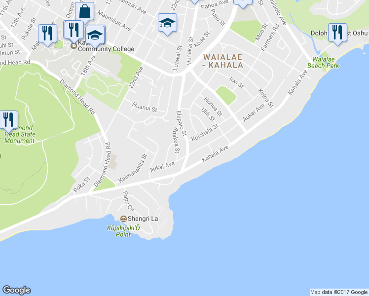 map of restaurants, bars, coffee shops, grocery stores, and more near 524 Elepaio Street in Honolulu