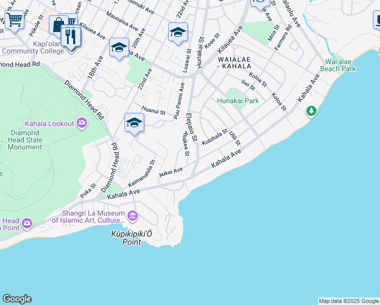 map of restaurants, bars, coffee shops, grocery stores, and more near 524 Elepaio Street in Honolulu
