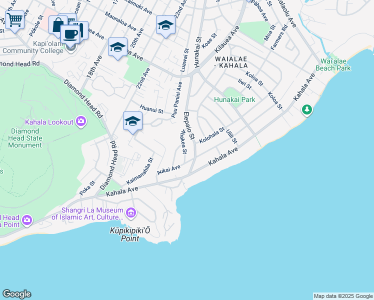 map of restaurants, bars, coffee shops, grocery stores, and more near 524 Elepaio Street in Honolulu