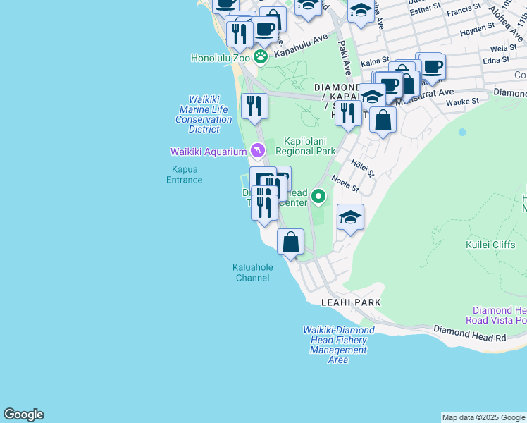 map of restaurants, bars, coffee shops, grocery stores, and more near 2895 Kalakaua Avenue in Honolulu