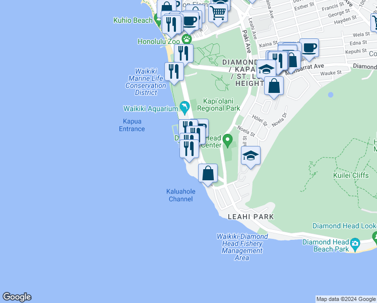 map of restaurants, bars, coffee shops, grocery stores, and more near 2895 Kalakaua Avenue in Honolulu