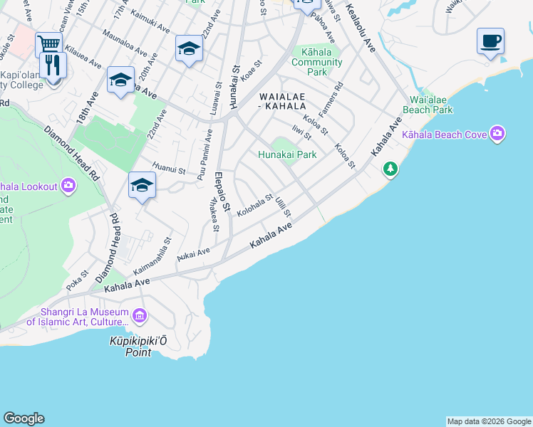 map of restaurants, bars, coffee shops, grocery stores, and more near 608 Kuana Street in Honolulu