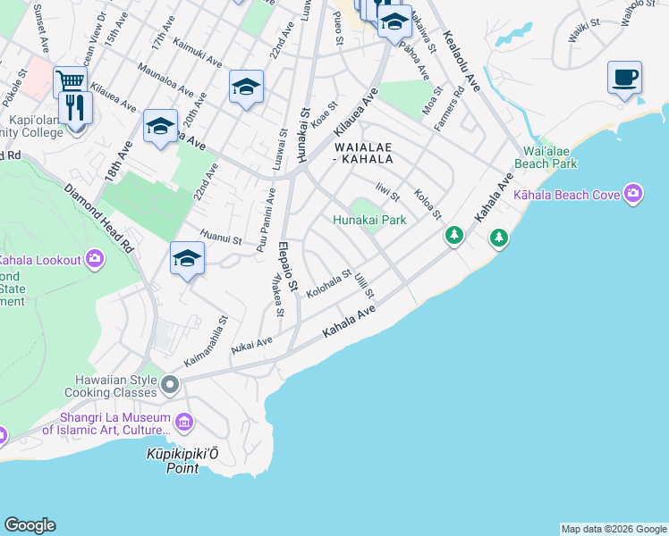 map of restaurants, bars, coffee shops, grocery stores, and more near 615 Kuana Street in Honolulu