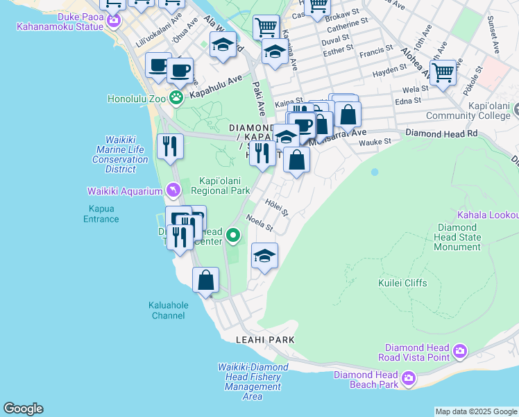 map of restaurants, bars, coffee shops, grocery stores, and more near 3858 Leahi Avenue in Honolulu