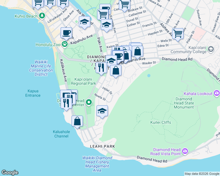 map of restaurants, bars, coffee shops, grocery stores, and more near 3045 Pualei Circle in Honolulu