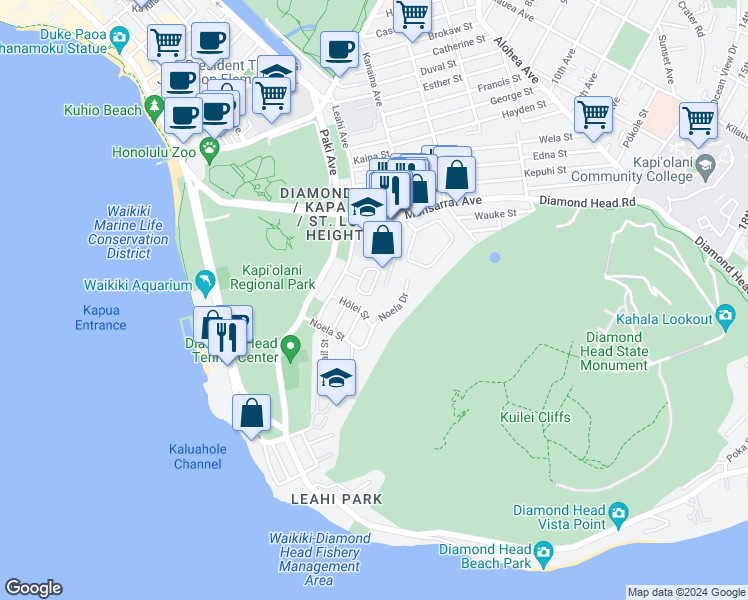 map of restaurants, bars, coffee shops, grocery stores, and more near 3040 Hōlei Street in Honolulu