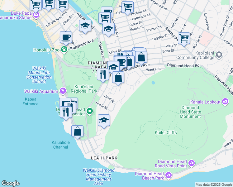 map of restaurants, bars, coffee shops, grocery stores, and more near 3071 Pualei Circle in Honolulu