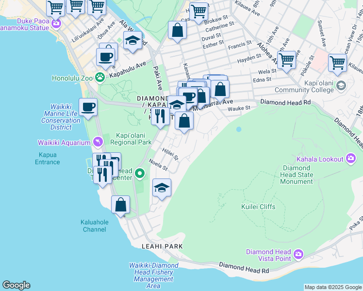 map of restaurants, bars, coffee shops, grocery stores, and more near 3040 Hōlei Street in Honolulu