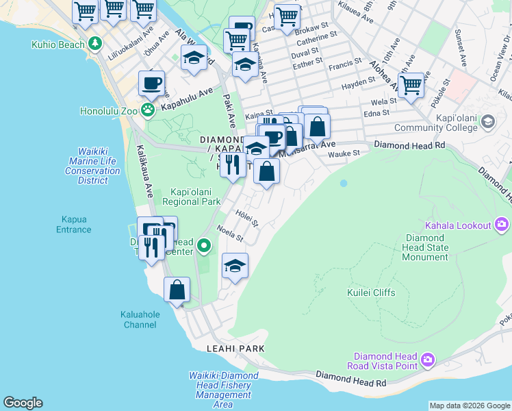 map of restaurants, bars, coffee shops, grocery stores, and more near 3040 Hōlei Street in Honolulu