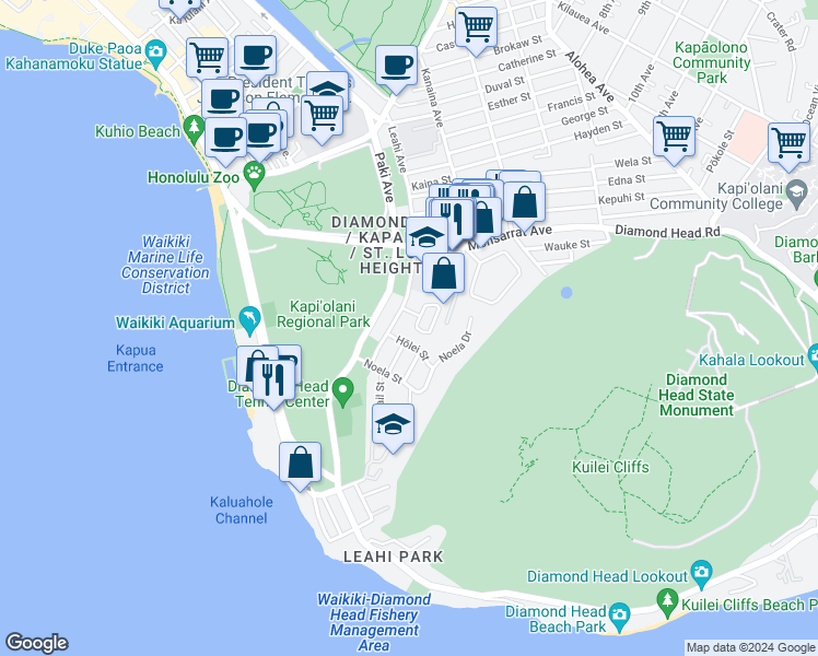 map of restaurants, bars, coffee shops, grocery stores, and more near 3040 Hōlei Street in Honolulu