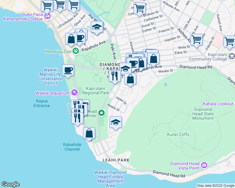 map of restaurants, bars, coffee shops, grocery stores, and more near 3858 Leahi Avenue in Honolulu