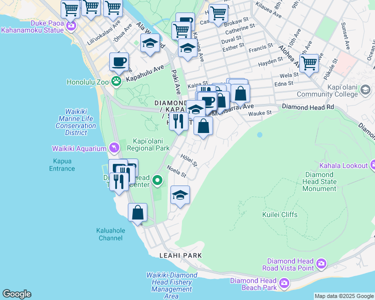 map of restaurants, bars, coffee shops, grocery stores, and more near 3040 Hōlei Street in Honolulu