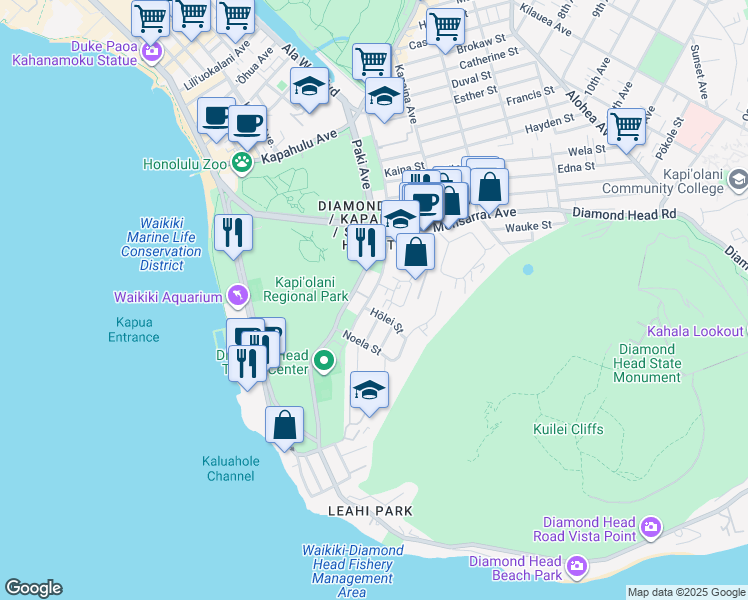 map of restaurants, bars, coffee shops, grocery stores, and more near 3858 Leahi Avenue in Honolulu